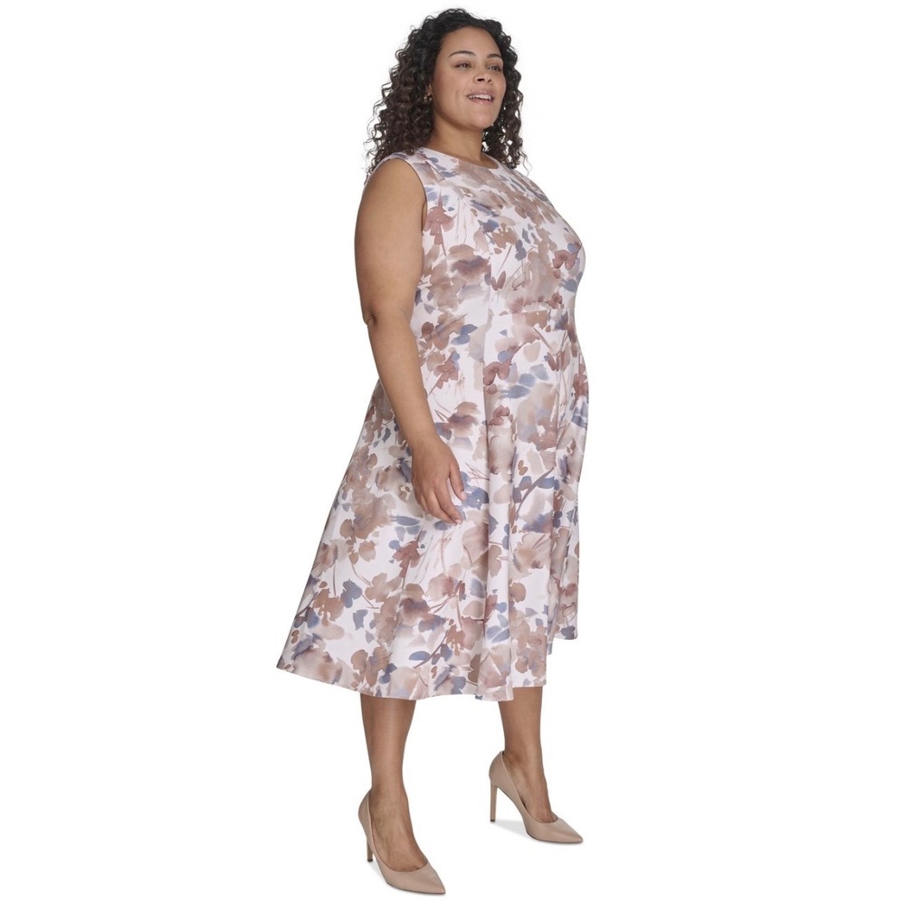 Calvin Klein Floral Fit and Flare Sleeveless Dress 22W CX5M5JB7 Pink Tan Brown